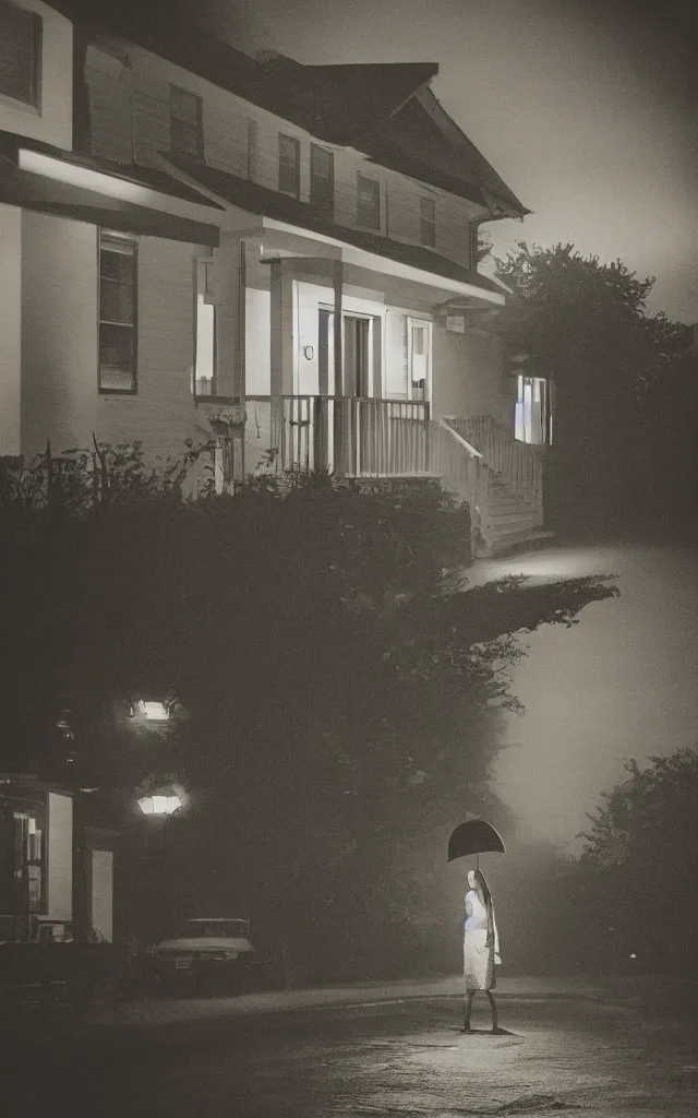 Image similar to “ quiet american neighborhood at night, a woman waiting with a black umbrella, photography in the style of gregory crewdson, mist, rule of thirds ”