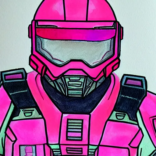 Prompt: master chief drawn with markers, pink background