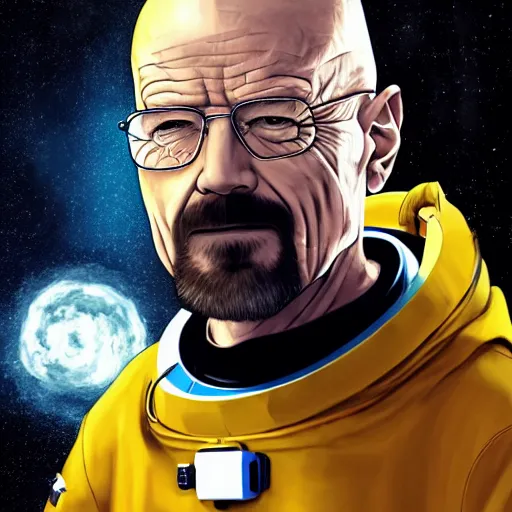 Image similar to Walter white from breaking bad, wearing an astronaut suit in space, dynamic lighting, photorealistic concept art, stunning visuals, creative, cinematic, ultra detailed, trending on art station, detailed