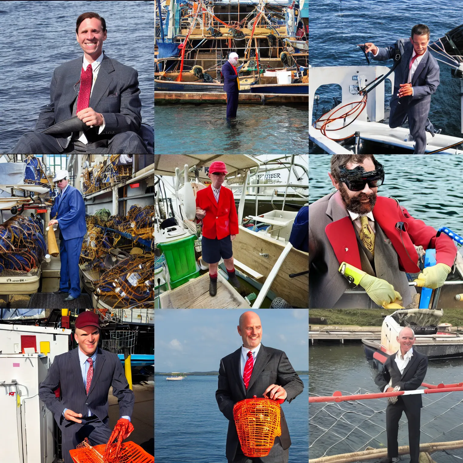 Prompt: a lobsterman wearing a suit trading stocks