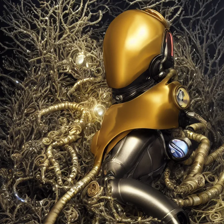 Image similar to octane render portrait by wayne barlow and carlo crivelli and glenn fabry, subject is a futuristic scuba diver with a shiny reflective golden metal helmet with colorful reflective goggles and covered in black ribbed rubber hoses, inside a coral reef aquarium full of exotic fish, cinema 4 d, ray traced lighting, very short depth of field, bokeh