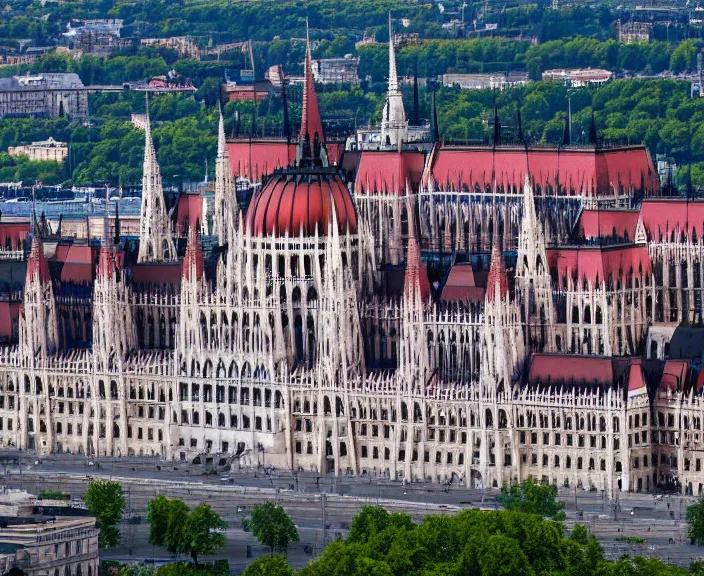 Image similar to 4 k hd, high detail photograph of hungary parliament building, shot with sigma f / 4. 2, 2 5 0 mm sharp lens, wide shot, volumetric lighting, high level texture render
