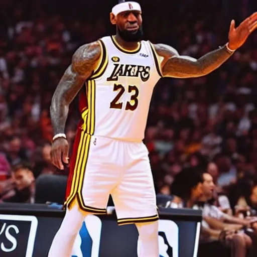 Image similar to professional close up shot photograph of lebron james sleeping on the court in an nba game, wearing nba jersey, standing, clear image, as seen on getty images, smooth, uncompressed,