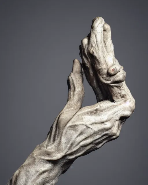 Prompt: photo of maquette sculpture of a creepy hand with a face creature, designed by jordu schell