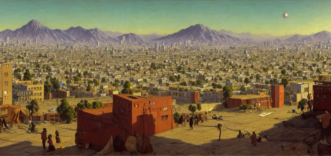 Image similar to ghibli illustrated background of strikingly beautiful skid row, los angeles, california, with strange city skyline is seen in the distance, tents, streets by vasily polenov, eugene von guerard, ivan shishkin, albert edelfelt, john singer sargent, albert bierstadt 4 k