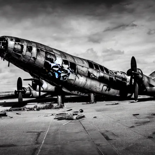 Prompt: A destroyed B-29 Superfortress at an airbase undergoing routine maintenance, wasteland, sun overhead, Second World War, hyper realistic, super detailed, 4k, HDR, sharp focus, shading, stunning visuals