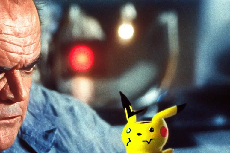 Prompt: Jack Nicholson plays Pikachu Terminator, his inner endoskeleton is exposed, still from the film