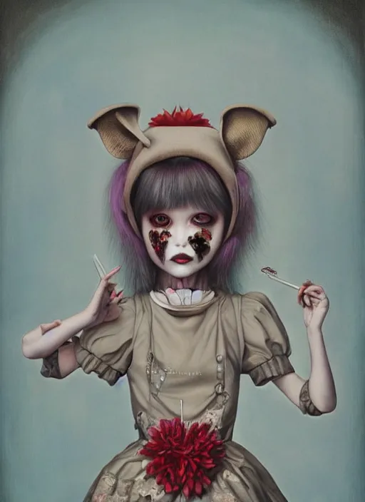 Image similar to pop surrealism, lowbrow art, realistic cute alice babymetal painting, japanese street fashion, hyper realism, muted colours, rococo, natalie shau, loreta lux, tom bagshaw, mark ryden, trevor brown style,