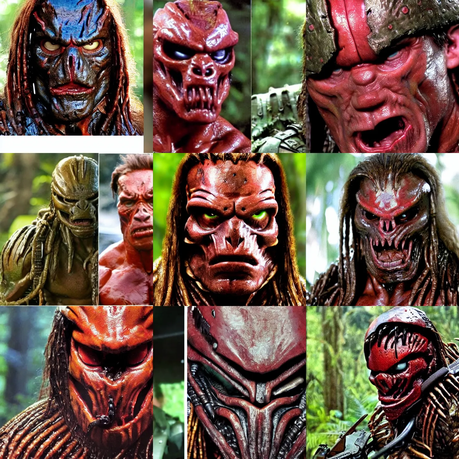 Prompt: head close up arnold schwarzenegger in predator costume , close up detailed movie still from the predator in the jungle