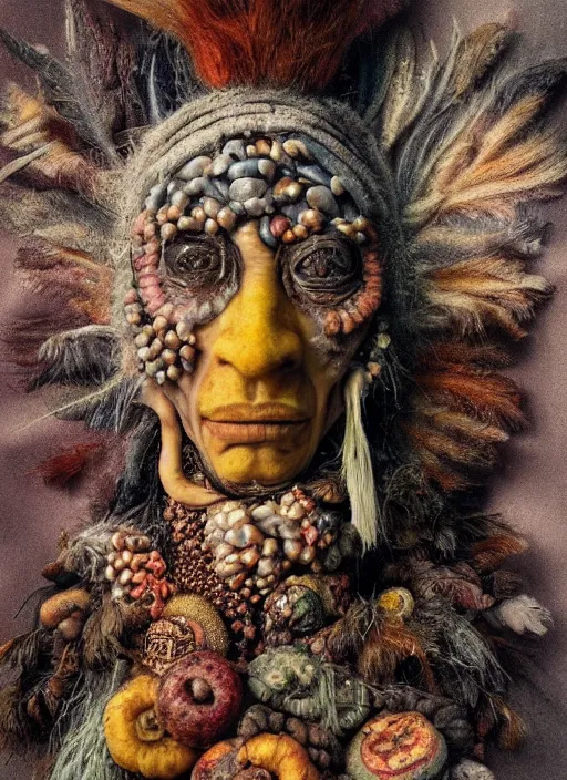 Prompt: a surrealist painting of a mystical shaman's face, 3 d render, in the style of giuseppe arcimboldo, symbolist, soft colors, dramatic lighting, smooth!!, sharp focus, extremely detailed!!, aesthetically pleasing composition, octane render