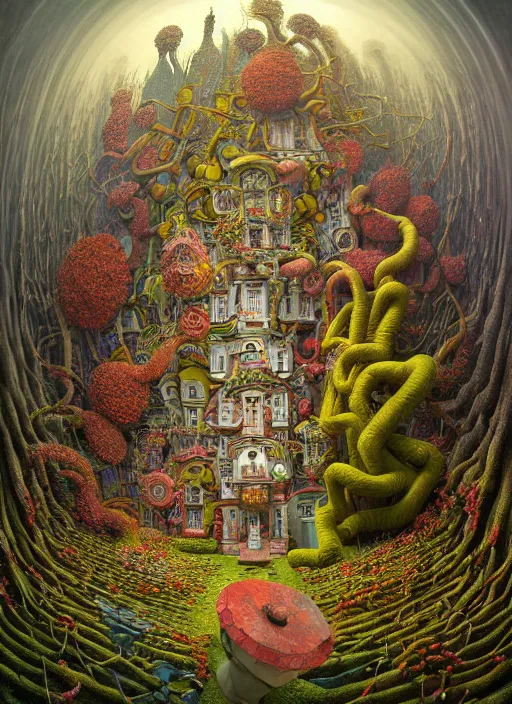 Prompt: hyper detailed 3d render like a Oil painting - the secret tangled garden of lunacy and madness by Jacek Yerka, Mariusz Lewandowski, Houdini algorithmic generative render, Abstract brush strokes, Masterpiece, Edward Hopper and James Gilleard, Zdzislaw Beksinski, Mark Ryden, Wolfgang Lettl, hints of Yayoi Kasuma, octane render, 8k