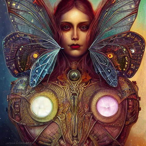 Image similar to realistic illustration of a beautiful rusted mechanical faerie queen with glowing eyes, moth wings with geometric patterns, reflective detailed textures, highly detailed dark fantasy science fiction painting by tom bagshaw and diego rivera and jean delville, silver and cool colors, artstation