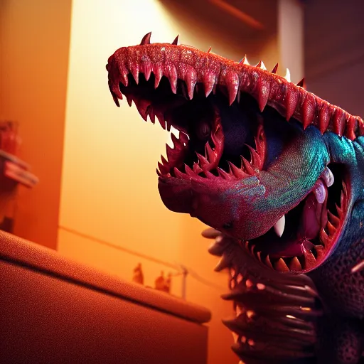 Prompt: a beautiful extreme wide photograph of a halitrephes maasi monster with huge eyes and sharp teeth doing a spatchcock on a stripper pole, highly detailed, smooth, very very clean, 8 k, cinematic movie photograph, cinematic lighting, octane render, zbrush central contest winner, 3 d maya render