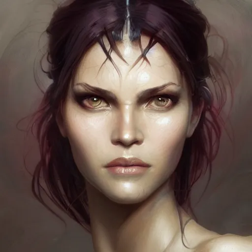 Image similar to beautiful, very strong, mixed race, female, aged 4 0, face, no makeup, head shot, fantasy, highly detailed, digital painting, artstation, concept art, sharp focus, illustration, art by artgerm and greg rutkowski and alphonse mucha