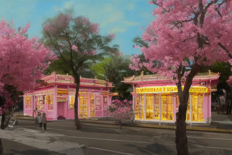 Image similar to painting of a yellow waffle house front view, rococo style, greek architecture, pink marble building, sakura trees, sakura season dynamic lighting, landscape, artwork by jeremy lipkin and giuseppe dangelico pino and michael garmash and rob rey and greg manchess and huang guangjian and makoto shinkai, pixiv, 1 0 0 mm