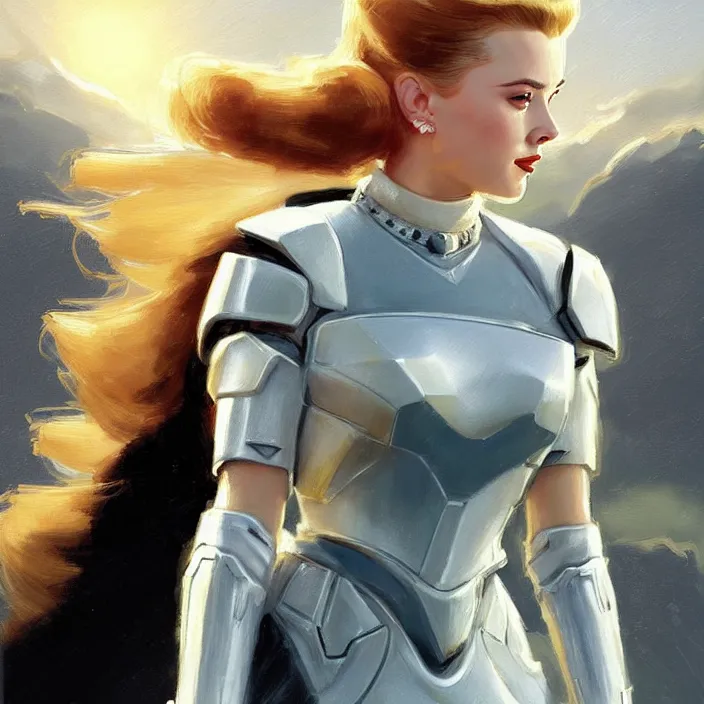 Image similar to A combination of Scarlett Johannson’s and Grace Kelly’s and Audrey Hepburn's appearance wearing Forerunner armor from Halo, countryside, calm, fantasy character portrait, dynamic pose, above view, sunny day, thunder clouds in the sky, artwork by Jeremy Lipkin and Giuseppe Dangelico Pino and Michael Garmash and Rob Rey and Greg Manchess, very coherent asymmetrical artwork, sharp edges, perfect face, simple form, 100mm