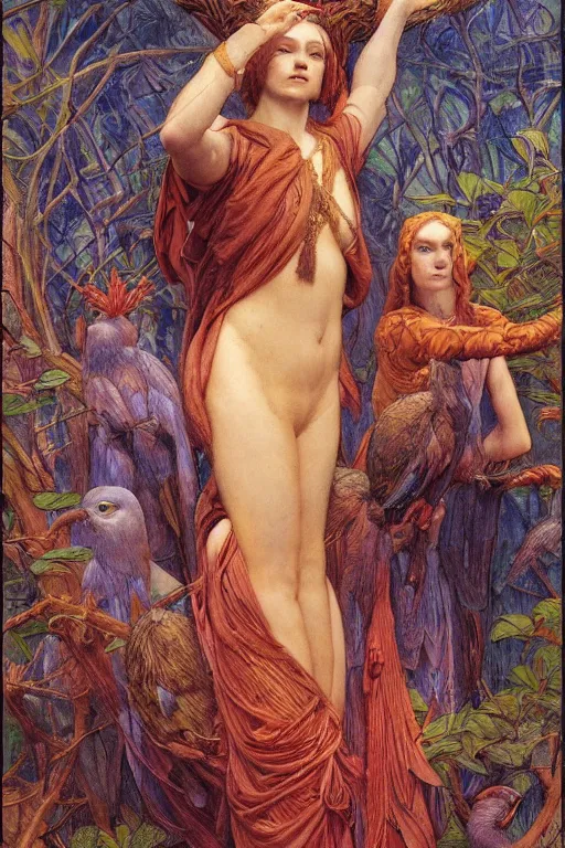 Image similar to the queen of the forest with her birds, by Annie Swynnerton and jean delville and Nicholas Roerich and Tino Rodriguez, elaborately costumed, rich color, dramatic cinematic lighting, smooth, sharp focus, extremely detailed, featured on artstation