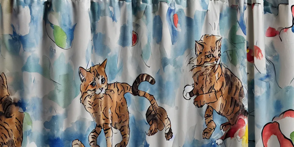 Image similar to shower curtain product catalog. wide - angle photo. on the curtain is a watercolor with ink under drawing of a low - angle hero - shot a cat toy being chased by a maine coon kitten. highly coherent, product photography of a shower curtain, product lighting. 4 k, highly detailed. saturated.