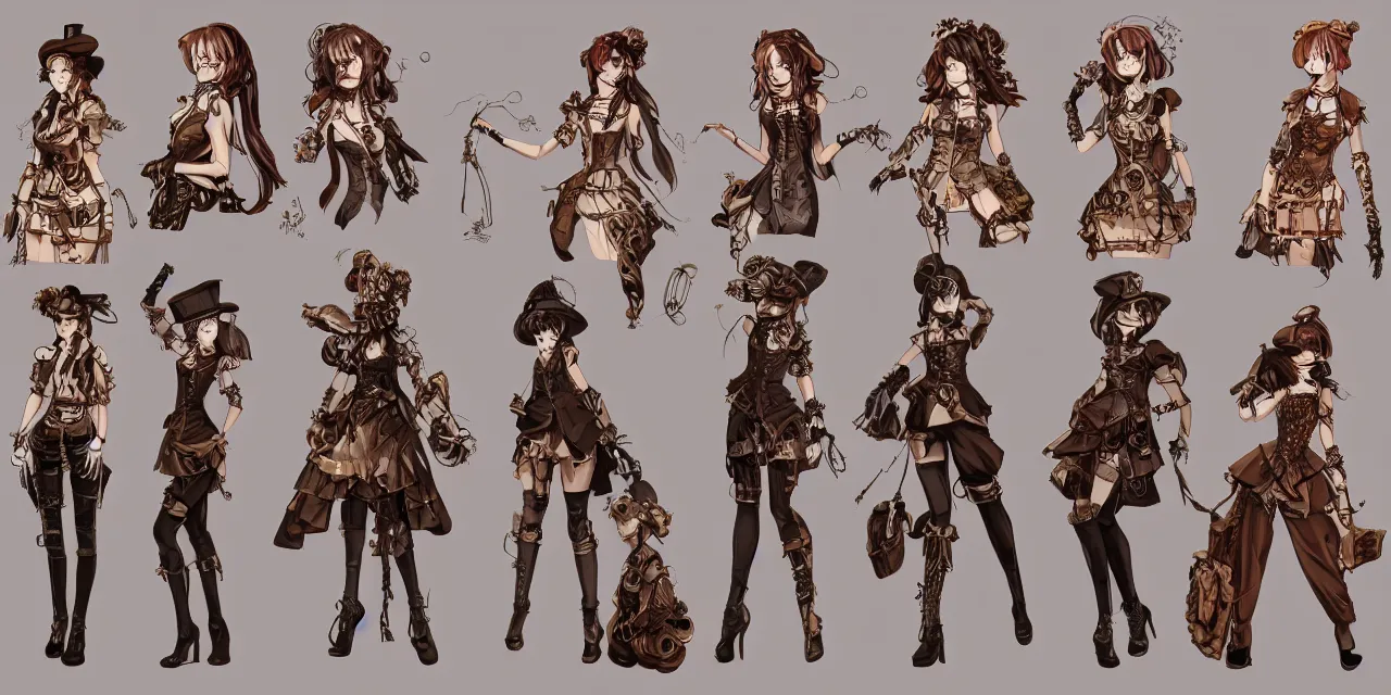 Image similar to Steampunk Dresses, costume, anime, game, character concept, characters reference sheet, high quality, ultra detailed, full body, trending on ArtStation, digital art, concept art