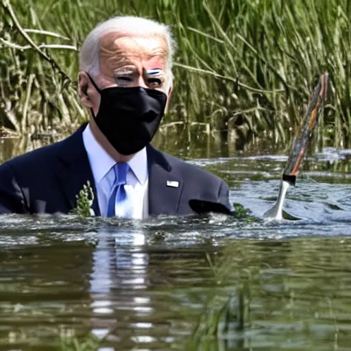 Prompt: joe biden rising out of swamp water with a knife