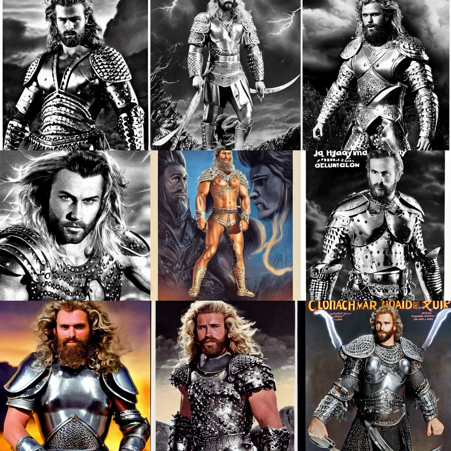 Prompt: beautiful gigachad with slick blonde beard, wavy hair, huge glistening muscles, many scars, wearing intricate silver armour. cinematic lightning. ray harryhausen movie poster. - h 7 6 8