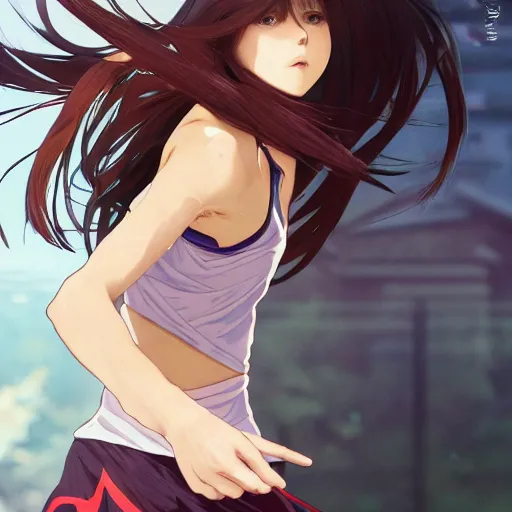 Prompt: girl running, sport clothing, anime style, short hair, hair down, symmetrical facial features, realistic anatomy, from arknights, hyper realistic, 4 k, rule of thirds, extreme detail, detailed drawing, trending artstation, realistic lighting, by alphonse mucha, greg rutkowski, sharp focus, backlit, falling sakura cherry