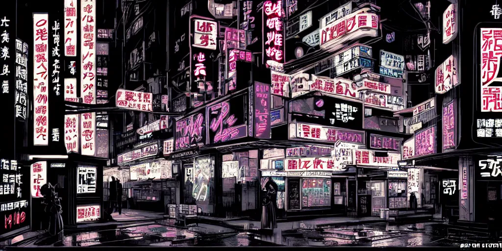 Image similar to Noir Cyberpunk Tokyo with neon signs in Japanese in style of Alan Moore. Symbolism, Detailed Art, 8K, Epic, Dynamic Light.