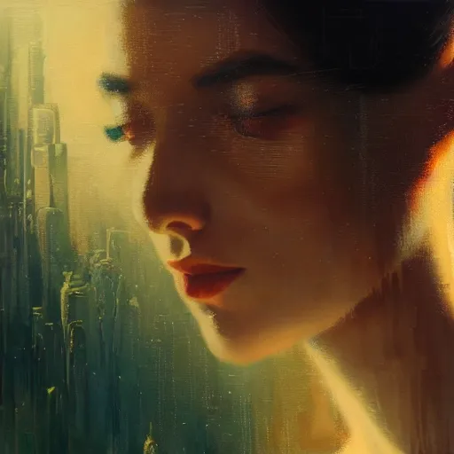 Prompt: detailed face of a woman, lush, opulent, fauna, utopian, tech noir, wet reflections, prism, atmospheric, ambient, pj crook, syd mead, livia prima, artgerm, greg rutkowski, nick alm, casey baugh