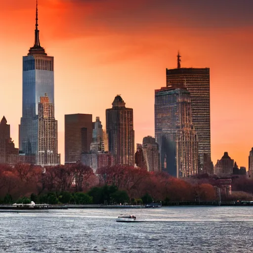 Prompt: photo of the new york skyline during sunrise.