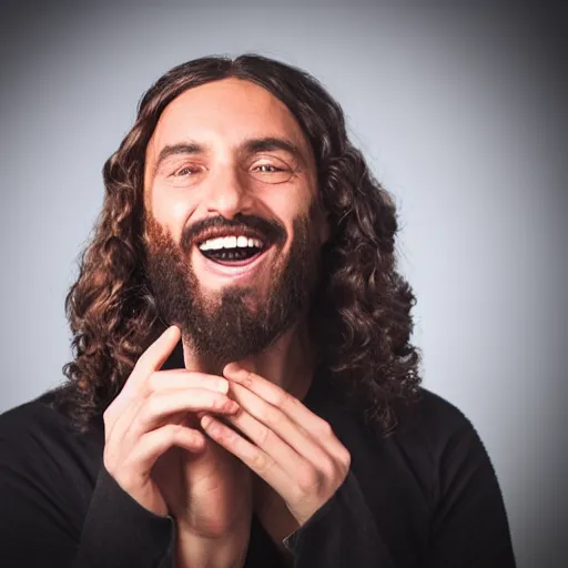 Image similar to Jesus smoking weed and laughing, profile picture, studio photography