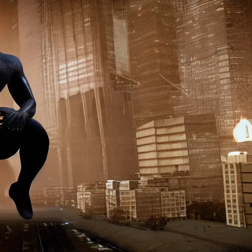 Image similar to black spider - man suit with white web lining, cinematic, volumetric lighting, realistic, hyperdetailed, photorealistic, photograph