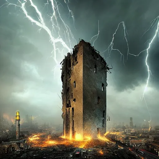 Image similar to a destroyed city with a big tower in the middle covered in mist, lightning bolts hitting and exploding the buildings, by michal karcz