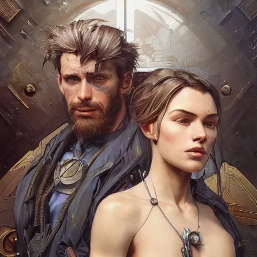 Image similar to portrait painting of a futuristic rugged male and female stood next to each other, colonisation, model pose, ultra realistic, concept art, intricate details, eerie, highly detailed, photorealistic, octane render, 8 k, unreal engine. art by artgerm and greg rutkowski and alphonse mucha