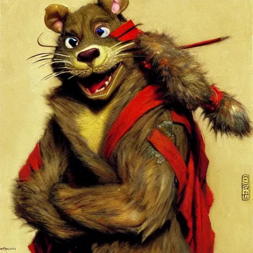 Prompt: a portrait of a furry splinter the rat from ninja turtles wearing a red kimono, hairy, furry body, furry arms, feet, tail. highly detailed painting by gaston bussiere, craig mullins, j. c. leyendecker, furry