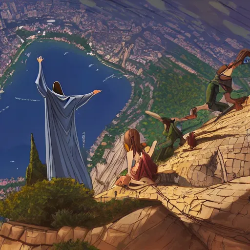 Image similar to Christ the Redeemer smiling, animation, anime, cartoon, concept art