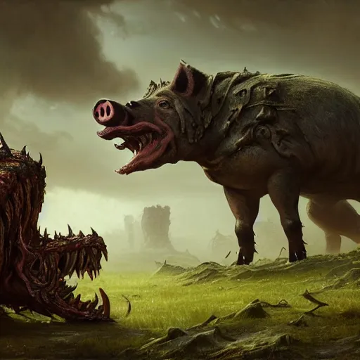 Image similar to A giant pig-monster made of grotesque things in Elden Ring, fullbody, intricate, demonic, video game art, highly detailed, artstation, green field with village ruins, concept art, smooth, sharp focus, illustration, art by greg rutkowski and orientalism and bouguereau and Zdzislaw Beksinski, good clear quality, lighting, biology, symmetrical artwork, perfect face, 135 mm, cinematic, hyper realism, high detail, octane render, 8k, chrome accents