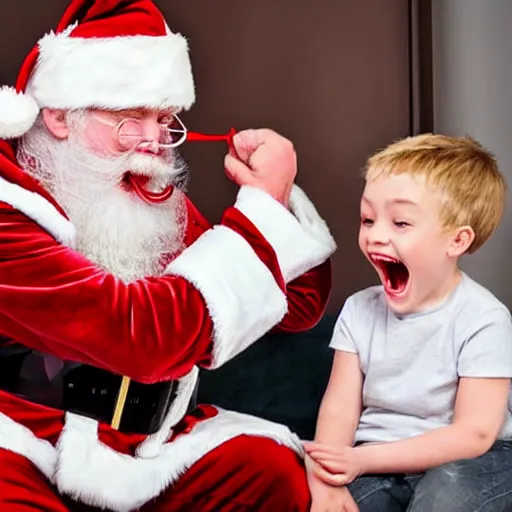 Prompt: santa screaming at a child biting his beard