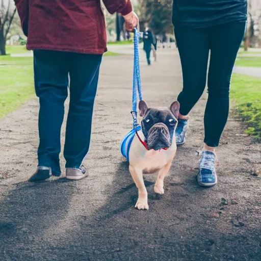 Prompt: a man and a woman walking in park holding hands a french bulldog with a leash