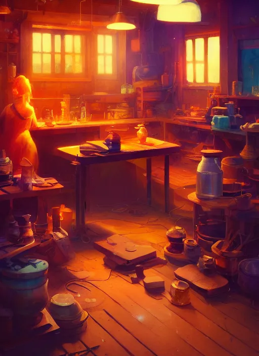 Image similar to beautiful interior of a cozy woodworker shop, james gilleard, delphin enjolras, goro fujita, makoto shinkai, paul lehr, exquisite lighting, octane render, very coherent, trending on artstation