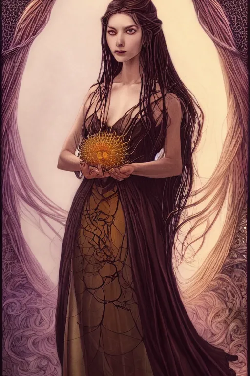 Prompt: portrait of a young female wizard in flowing sensual dress, arrogant, long fine flowing hair, delicate, looking at camera, slight nerdy awkward smile, realistic face, stylish, elegant, grimdark fantasy, flowers, extremely detailed painting inspired by Gerald Brom and Ernst Haeckel and Carvaggio , studio lighting