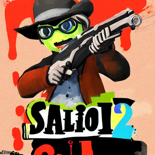 Image similar to Splatoon Inklings in the style of Red Dead Redemption 2, cell shaded game box cover