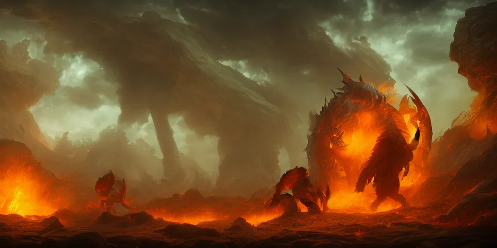 Image similar to a mythical battle between two giant fiery creatures, broken landscape, by Andreas Rocha + Ted Nasmith, cinematic lighting, masterpiece, highly detailed, 8k resolution, trending on art station