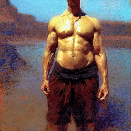 Image similar to man by the river, muscular, detailed face, correct face, painting by Gaston Bussiere, Craig Mullins