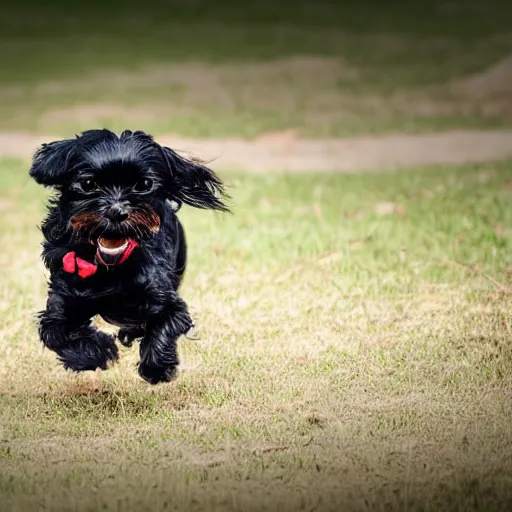 Prompt: black maltese dog running on grass. tree trunk and shade. realistic photo