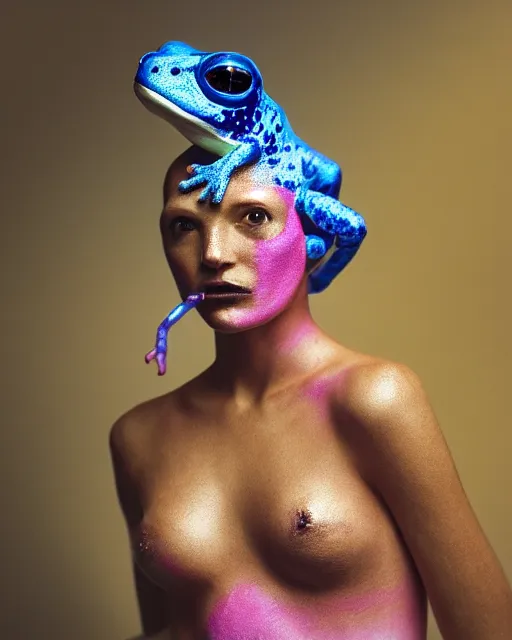 Prompt: natural light, soft focus portrait of a cyberpunk anthropomorphic poison dart frog with soft synthetic pink skin, blue bioluminescent plastics, smooth shiny metal, elaborate ornate head piece, piercings, skin textures, by annie leibovitz, paul lehr