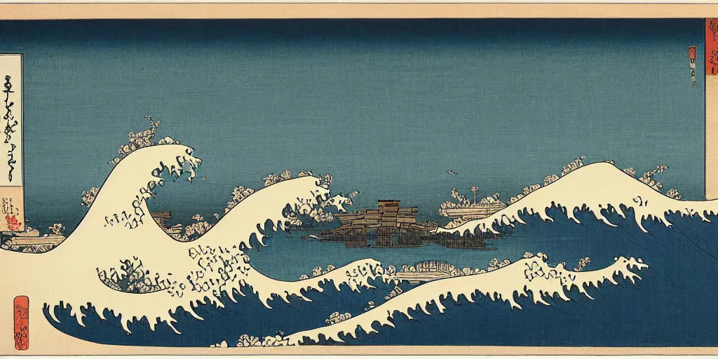 Image similar to ukiyo-e lanscape portrait of the Boston Skyline by hokusai