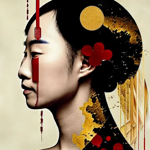 Image similar to portrait and side profile of a chinese woman :: side profile :: in ocean :: clockwork details :: gold :: blood and horror :: by vikings and Sandra Chevrier