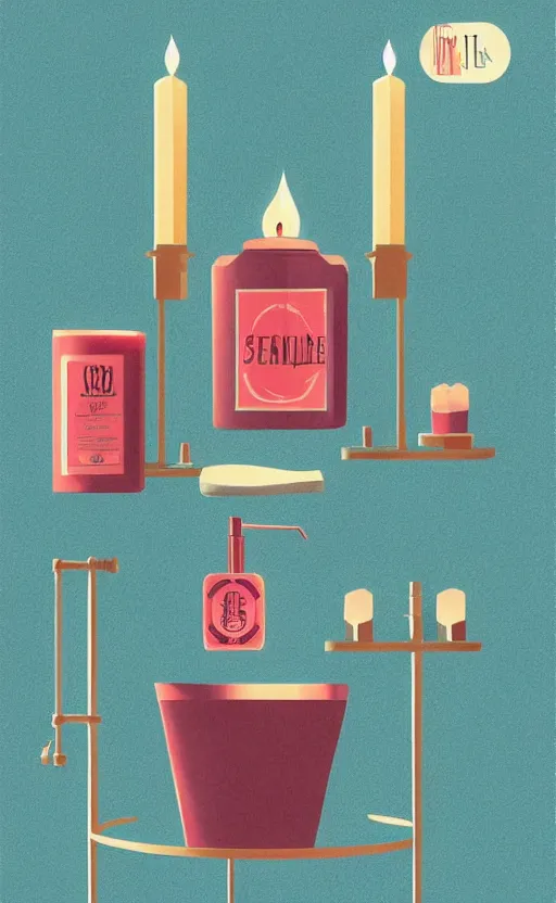 Image similar to illustration with a set of beautiful scented candles with bathroom interior on the background, an art deco painting by tom whalen, trending on behance, art deco, digital illustration, storybook illustration, grainy texture, flat shading, vector art, airbrush, pastel, watercolor, poster