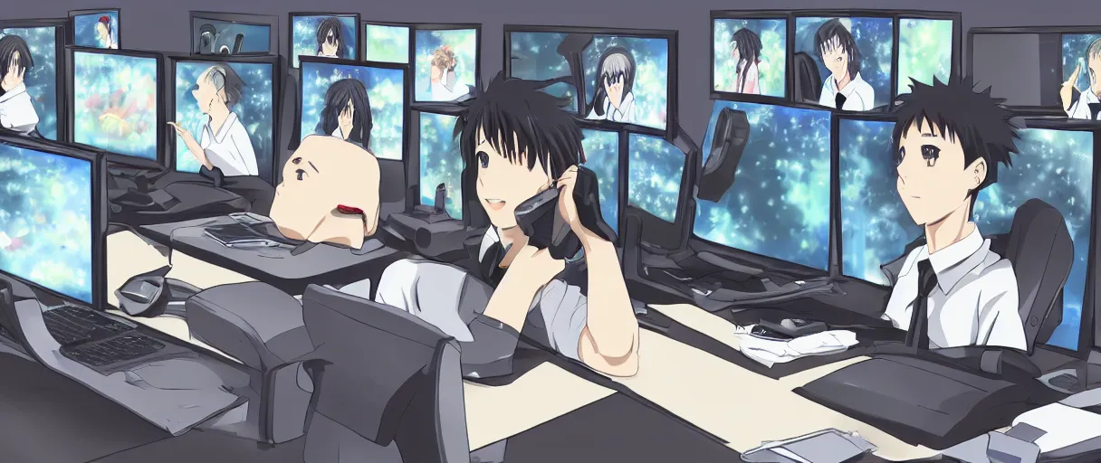 Image similar to anime drawing, a man at a desk with ten different computer monitors, his face flat on the keyboard, sound asleep