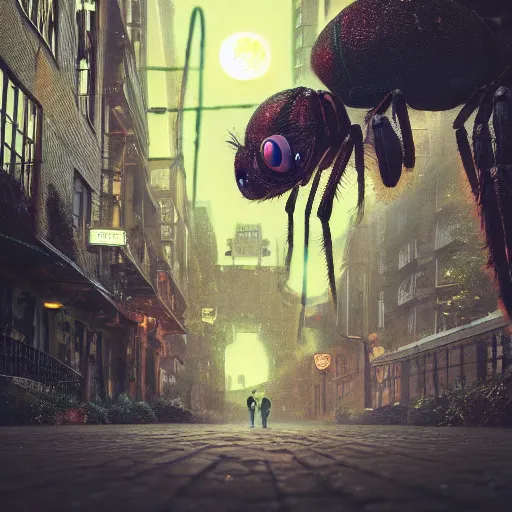 Prompt: a beautiful high - quality photo of a humongous spider walking through a solarpunk city, roads, pavements, trees, cosmic horror, unknowable, volumetric lighting, hyperrealistic, very detailed, 8 k